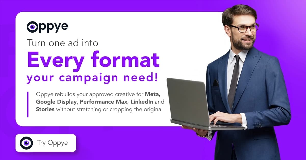 The same approved campaign, rebuilt by Oppye as a 1200 × 628 Performance Max landscape